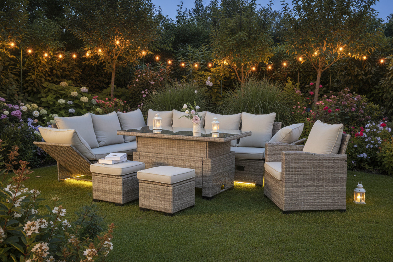 Rosen 9 Seater Rattan Garden Furniture Arm Reclining Corner Sofa Set With Rising Table