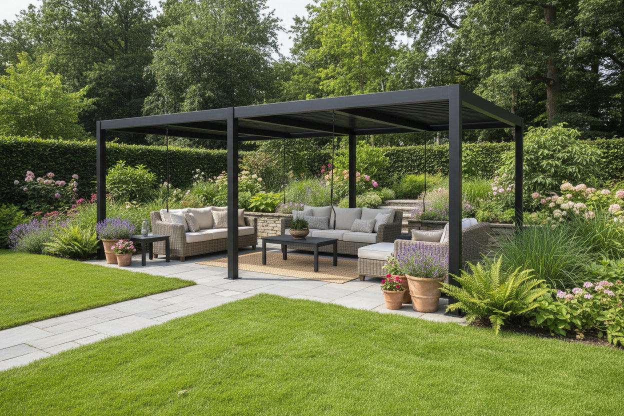 Berlin Plus 3m x 6m Rectangular Pergola with 4 Or 6 Manual Side Blinds and LED Lighting in Grey