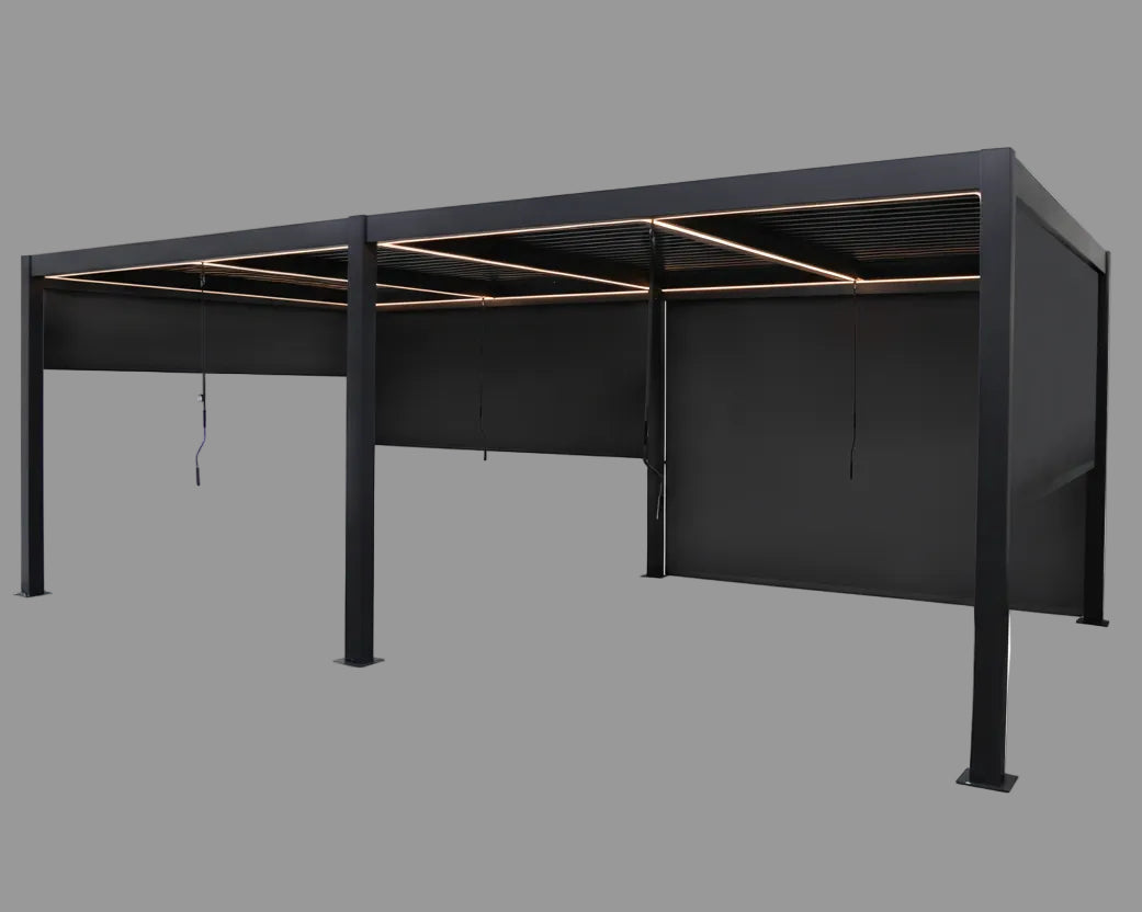 Berlin Plus 3m x 6m Rectangular Pergola with 4 Or 6 Manual Side Blinds and LED Lighting in Grey