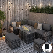 Rosen 9 Seater Rattan Garden Furniture Corner Sofa Set with Fire pit Dining Table and Storage Box in Grey