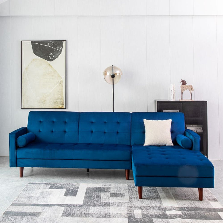 Avery Chaise End Velvet Corner Sofa In Blue