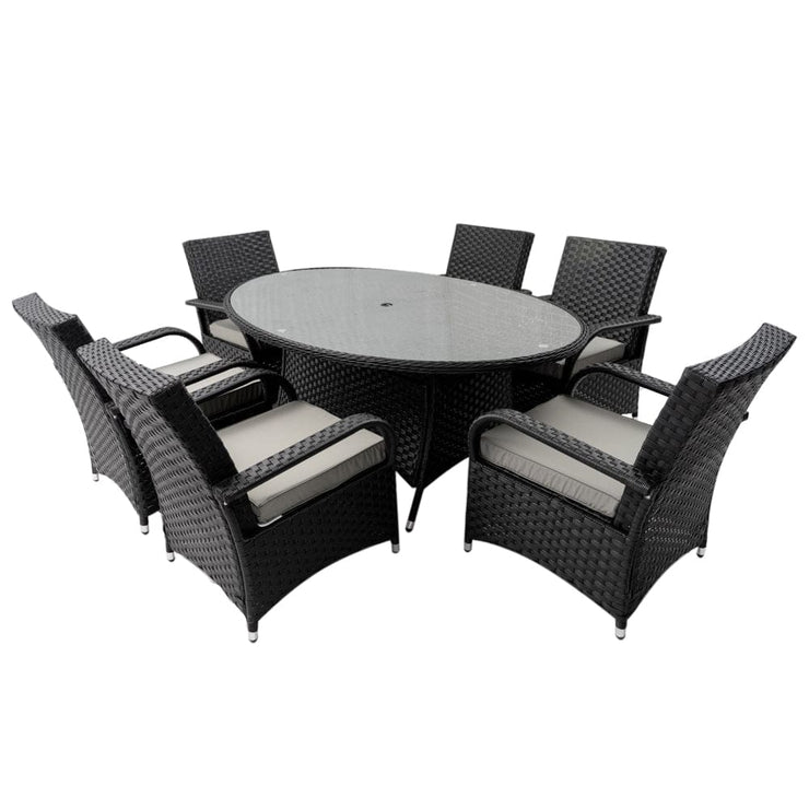 Aura 6 Seater Armchair Oval Rattan Garden Furniture Dining Set With Parasol Option