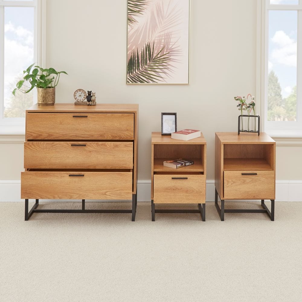 Belluno Industrial Style 3 Piece Bedroom Set With Chest and 2 Bedside Tables