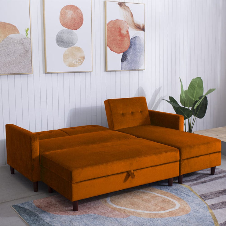 Destin Reversible Orange Velvet Corner Sofa With Storage Chaise and Ottoman Bench