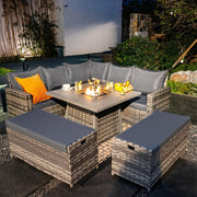 Rosen 9 Seater Fire Pit Rattan Garden Furniture Corner Sofa Cube Set With 2 Benches In Grey