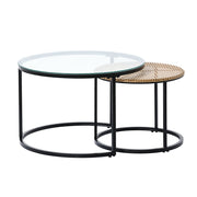 Boho Set of 2 Nesting Round End Side Coffee Tables With Glass And Rattan Top