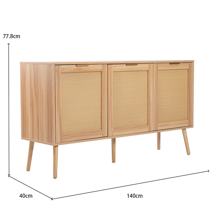 Retro Oak Rattan 3 Door Sideboard Side Cabinet