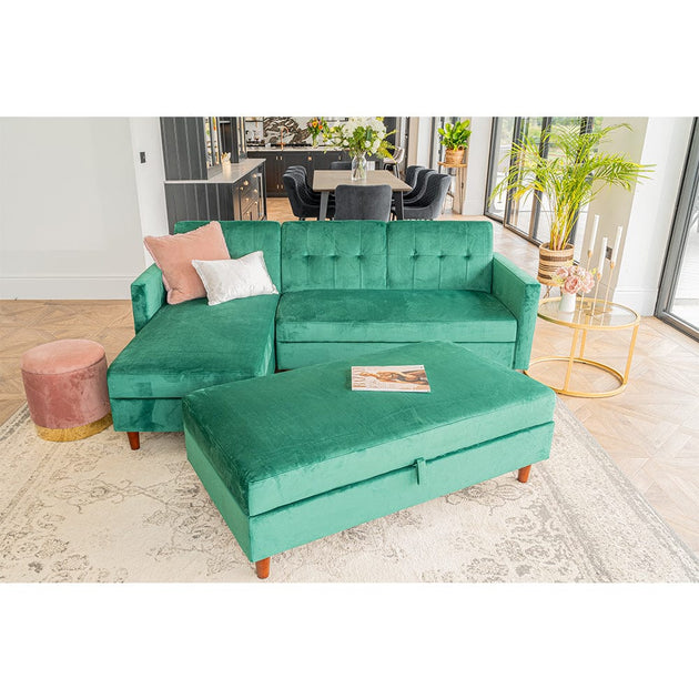 Destin Reversible Green Velvet Corner Sofa With Storage Chaise and Ott