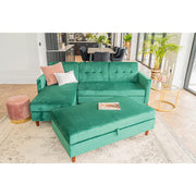 Destin Reversible Green Velvet Corner Sofa With Storage Chaise and Ottoman Bench