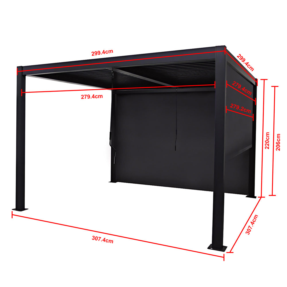 Berlin Plus Aluminium 3m x 3m Square Pergola with 3 Or 4 Manual Side Blinds and LED Lighting in Grey