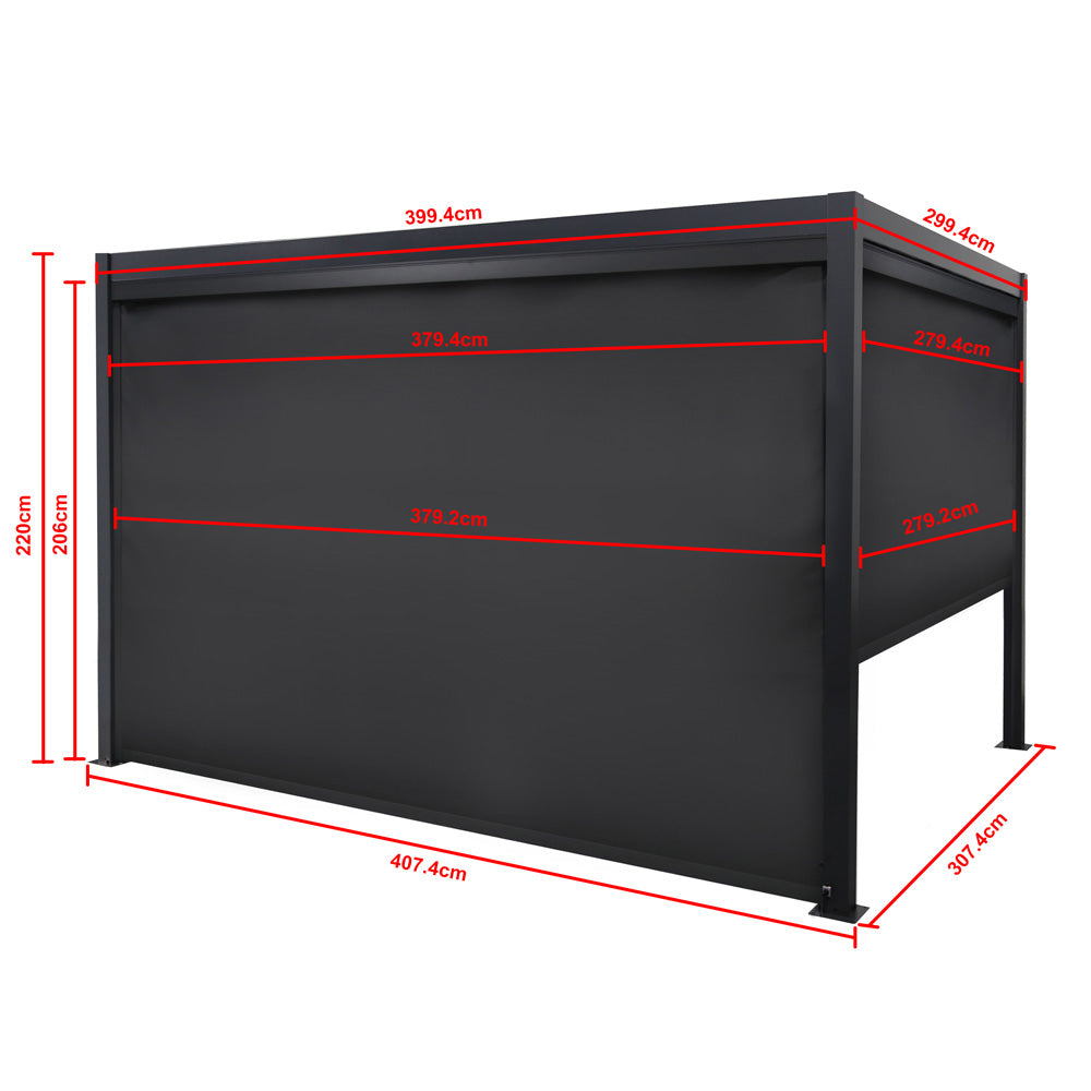 Berlin Plus Aluminium 3m x 4m Rectangular Pergola with 3 Or 4 Manual Side Blinds and LED Lighting in Grey