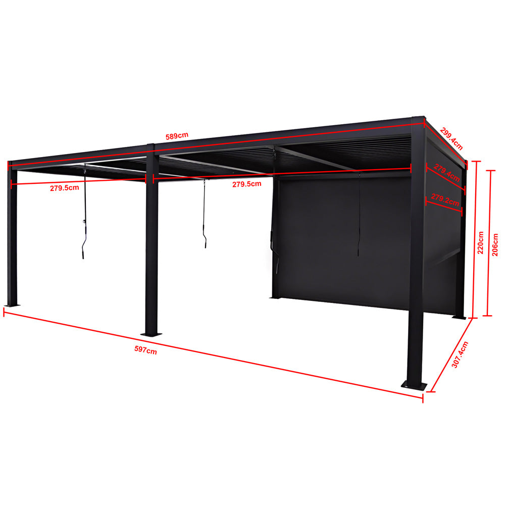 Berlin Plus 3m x 6m Rectangular Pergola with 4 Or 6 Manual Side Blinds and LED Lighting in Grey