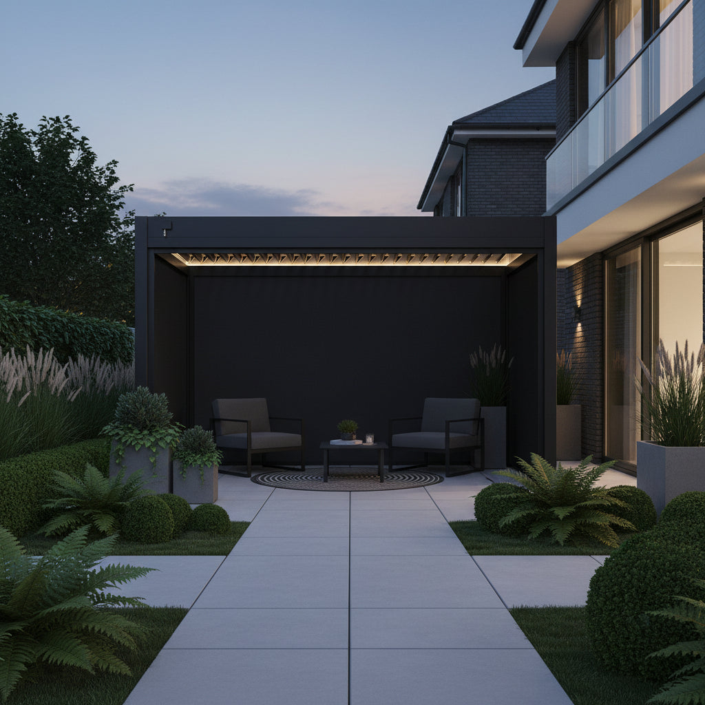 Berlin Plus 3m x 4m Rectangular Pergola with 3 Or 4 Manual Side Blinds and LED Lighting in Grey