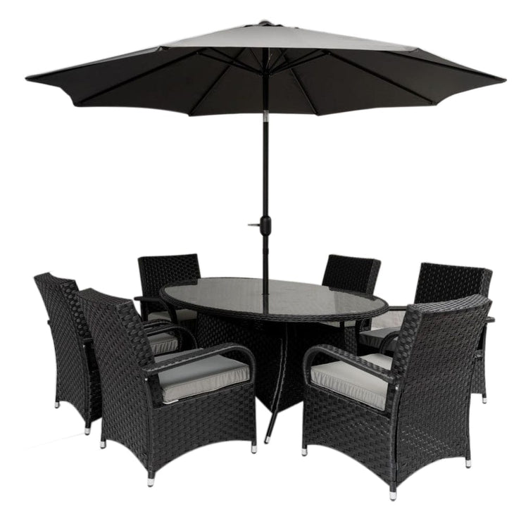 Aura 6 Seater Armchair Oval Rattan Garden Furniture Dining Set With Parasol Option