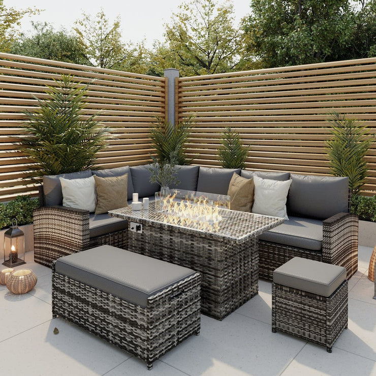 Rosen 9 Seater Rattan Garden Furniture Corner Sofa Set with Fire pit Dining Table and Storage Box in Grey