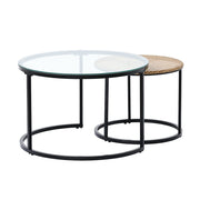 Boho Set of 2 Nesting Round End Side Coffee Tables With Glass And Rattan Top