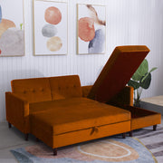 Destin Reversible Orange Velvet Corner Sofa With Storage Chaise and Ottoman Bench