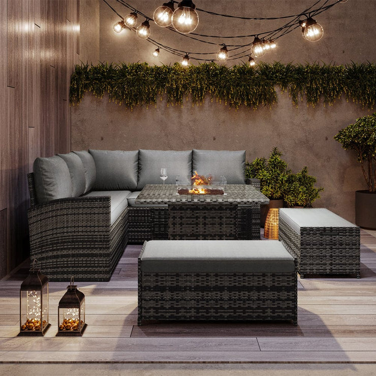 Rosen Rattan Garden Furniture 9 Seater Corner Sofa Set with Fire pit Dining Table in Grey