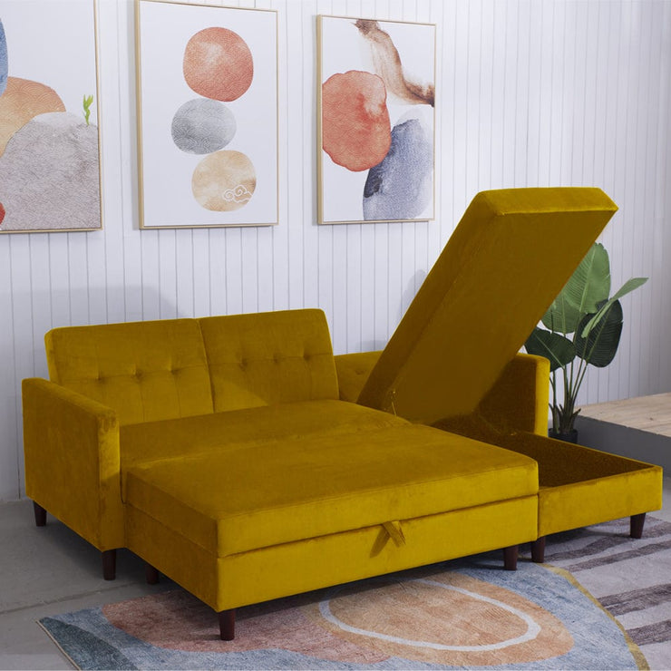 Destin Reversible Mustard Velvet Corner Sofa With Storage Chaise and Ottoman Bench