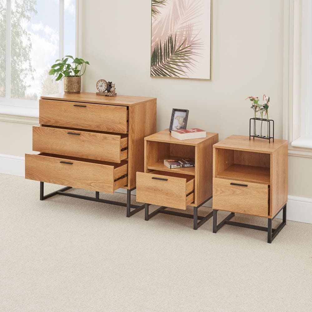 Belluno Industrial Style 3 Piece Bedroom Set With Chest and 2 Bedside Tables
