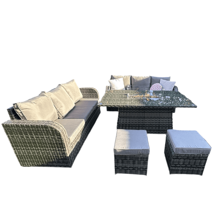 Lotus Outdoor 8 Seater Rattan Garden Sofa with Fire Pit Or Lift Up Table Set