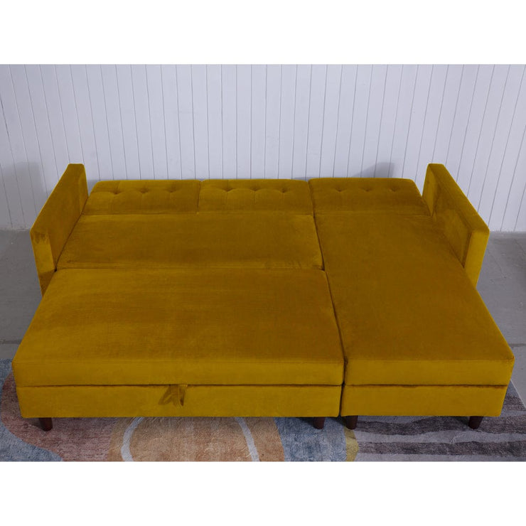 Tolg Cúinne Velvet Mustard Inchúlaithe Destin Le Chaise Stórála agus Binse Ottoman