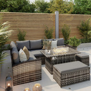 Rosen 9 Seater Rattan Garden Furniture Corner Sofa Set with Fire pit Dining Table and Storage Box in Grey