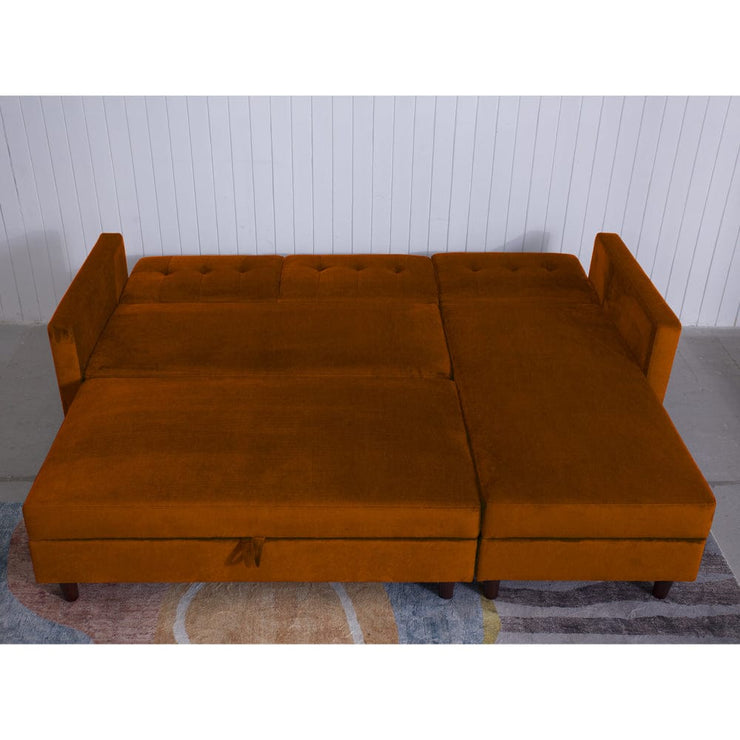 Destin Reversible Orange Velvet Corner Sofa With Storage Chaise and Ottoman Bench