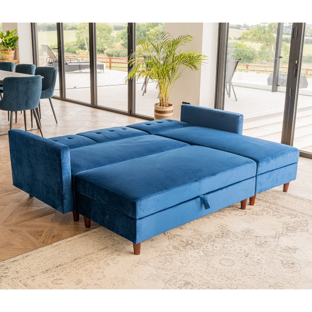 Destin Reversible Blue Corner Sofa With Storage Chaise and Ottoman