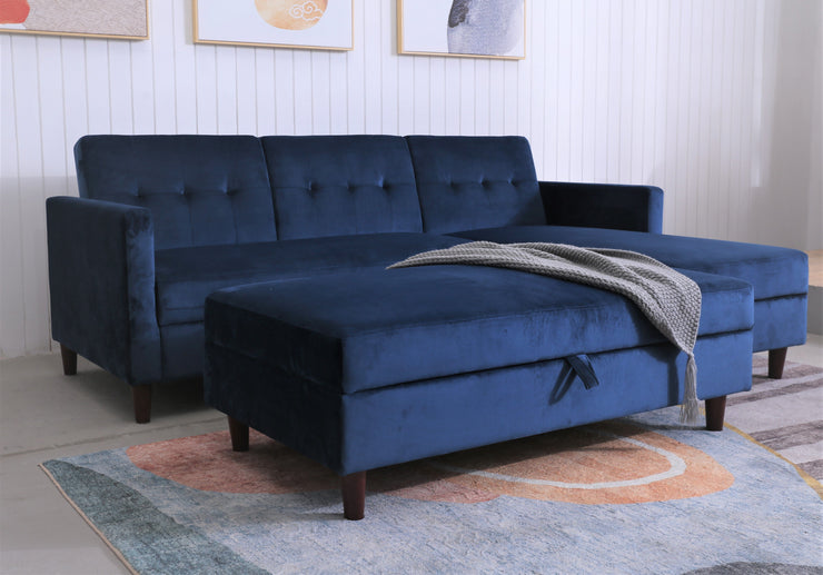 Destin Reversible Blue Corner Sofa With Storage Chaise and Ottoman Bench