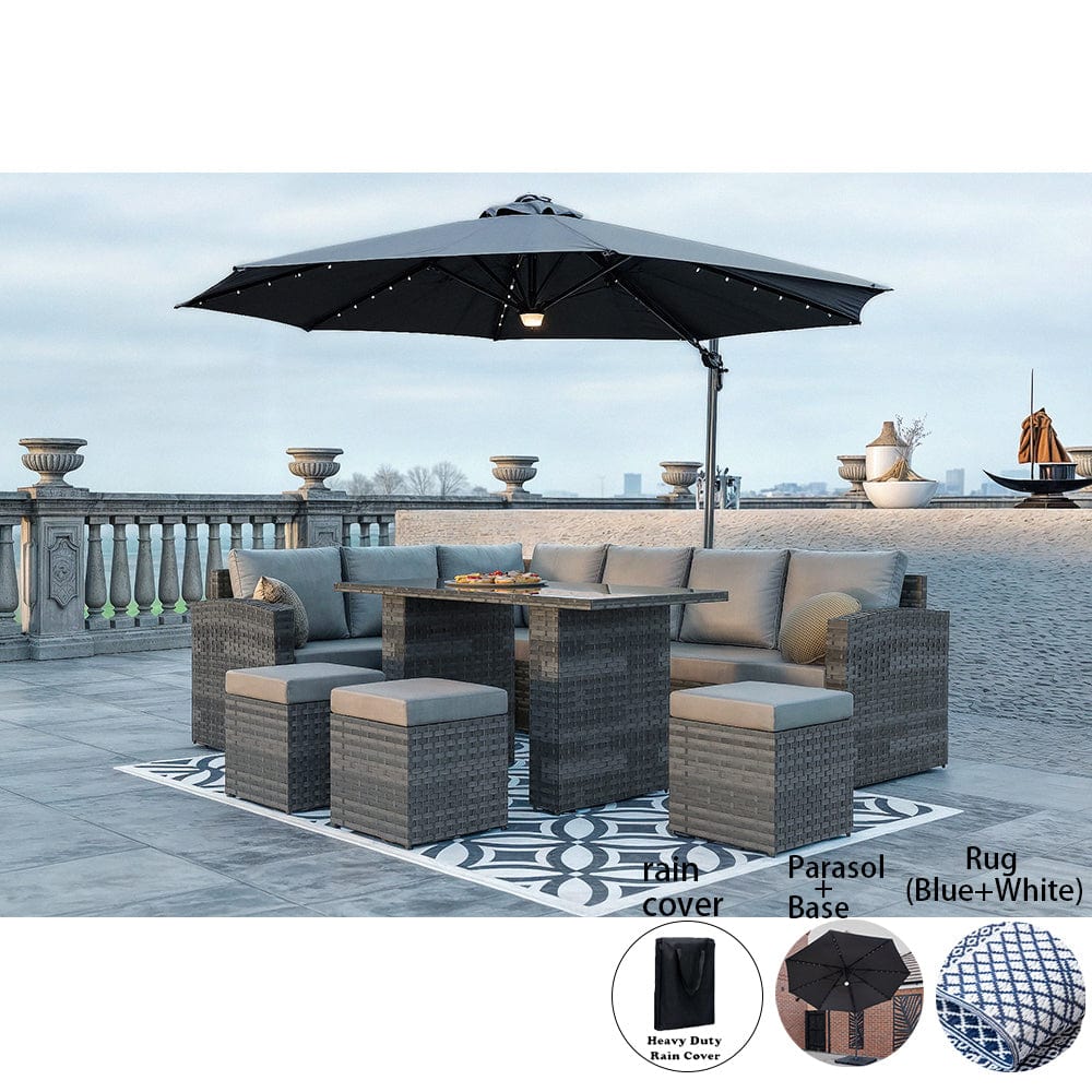 Rosen 9 Seater Rattan Garden Dining Set In Grey