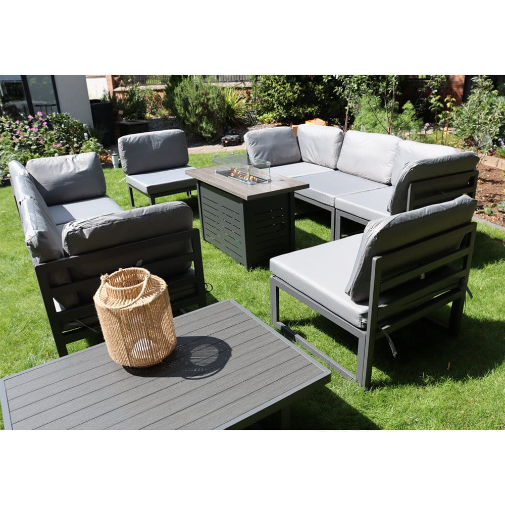 Hamburg Outdoor 8-Seater Garden Modular Steel Dining Set With Fire Pit Table And 2 Coffee Tables