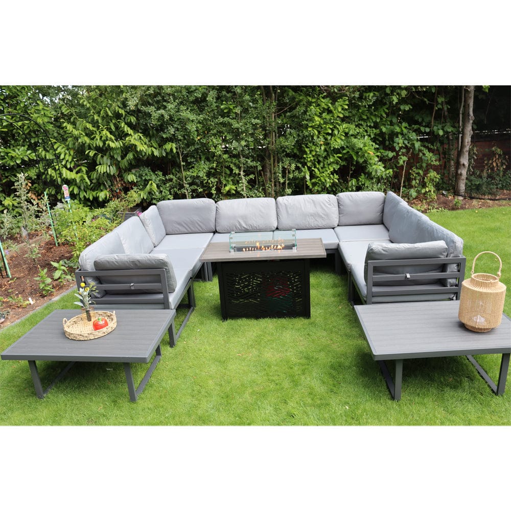 Hamburg Outdoor 8-Seater Garden Modular Steel Dining Set With Fire Pit Table And 2 Coffee Tables