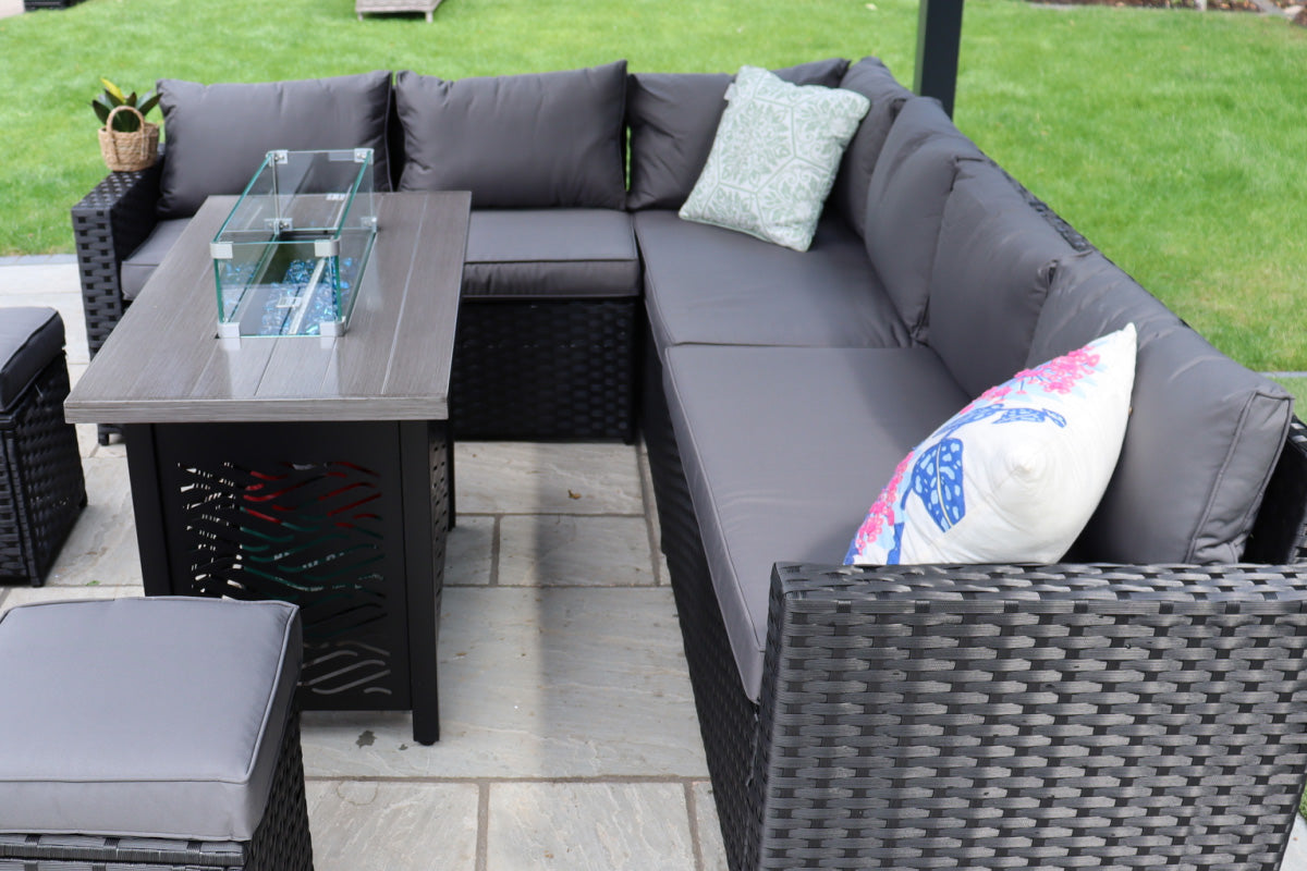 Barcelona Outdoor Rattan 9-Seater Corner Dining Set With Metal Fire Pit Table