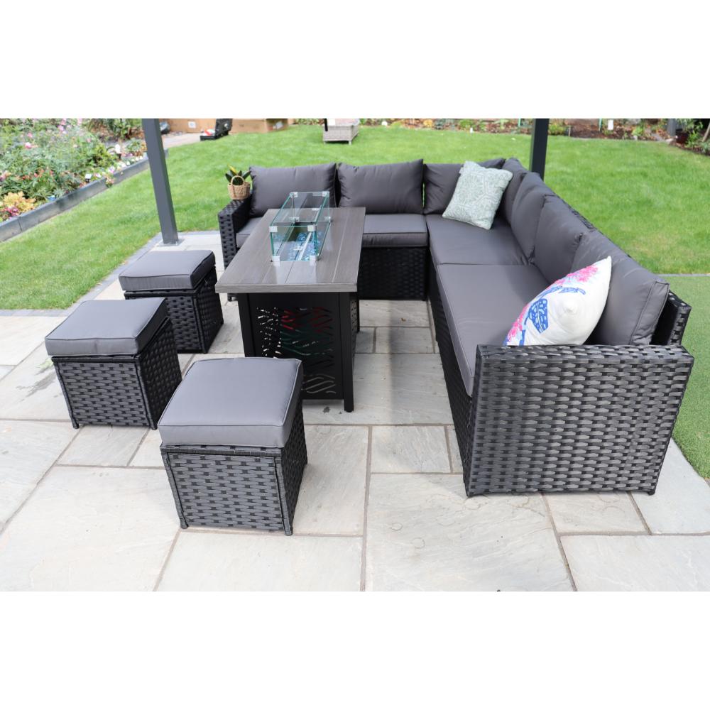 Barcelona Outdoor Rattan 9-Seater Corner Dining Set With Metal Fire Pit Table