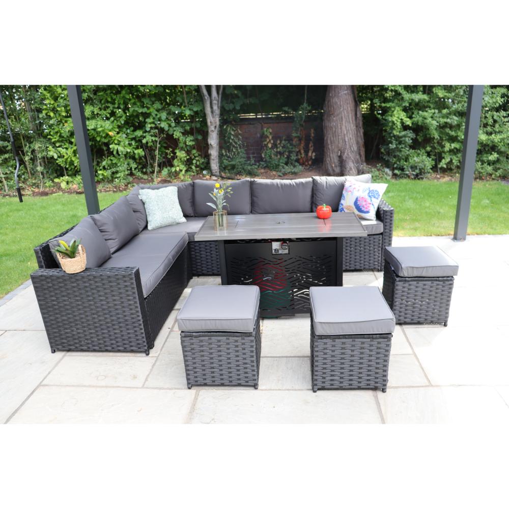 Barcelona Outdoor Rattan 9-Seater Corner Dining Set With Metal Fire Pit Table