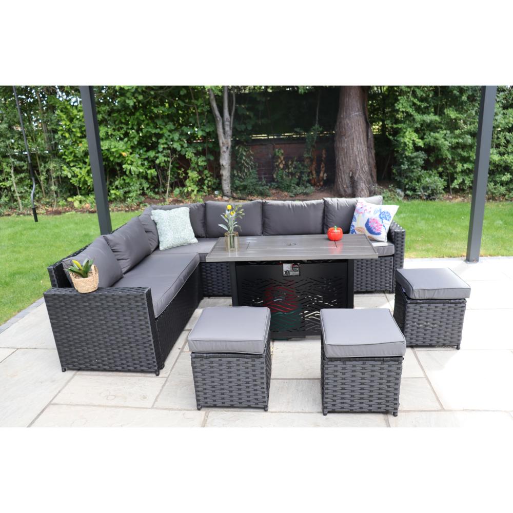 Barcelona Outdoor Rattan 9-Seater Corner Dining Set With Metal Fire Pit Table