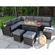 Barcelona Rattan Garden Furniture 9 Seater Corner Sofa Set with Fire pit Dining Table in Black Or Grey
