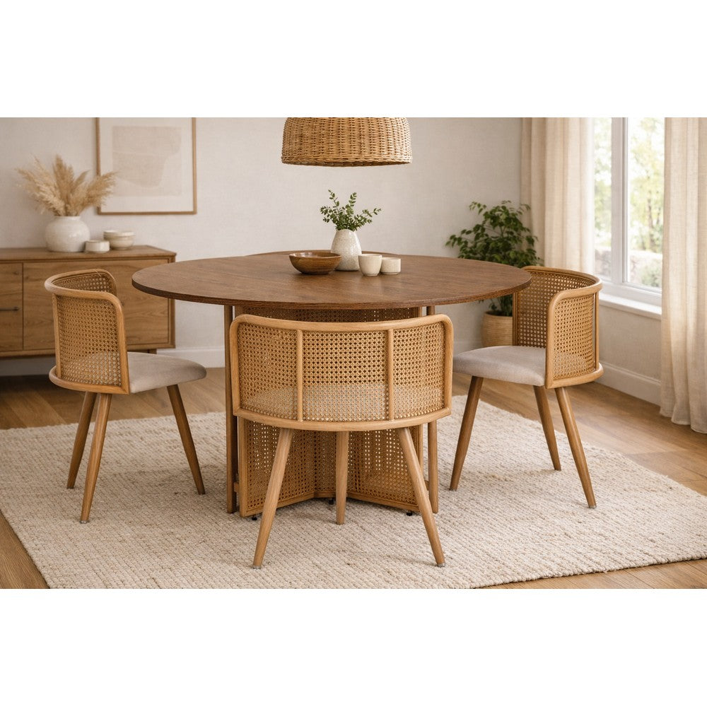 Boho Oval Rattan Dining Table Set with 4 Velvet Upholstered Chairs
