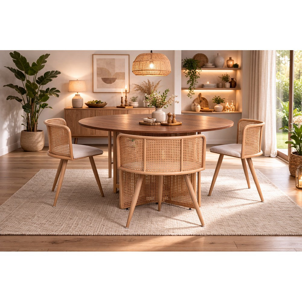 Boho Oval Rattan Dining Table Set with 4 Velvet Upholstered Chairs