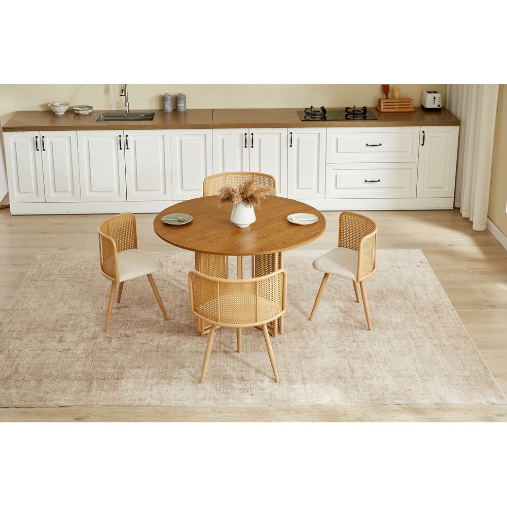 Boho Round Rattan Dining Table Set with 4 Velvet Upholstered Chairs