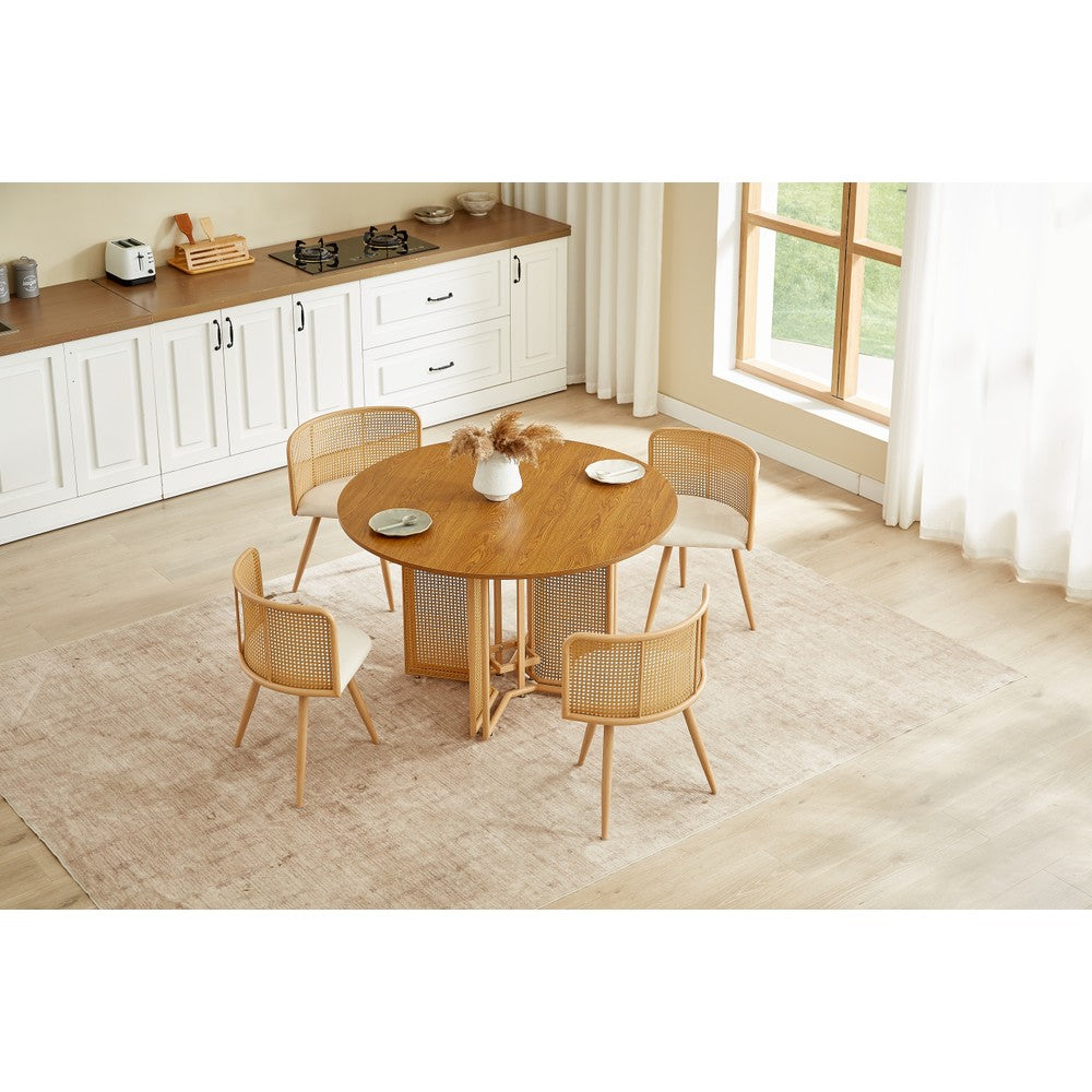 Boho Round Rattan Dining Table Set with 4 Velvet Upholstered Chairs