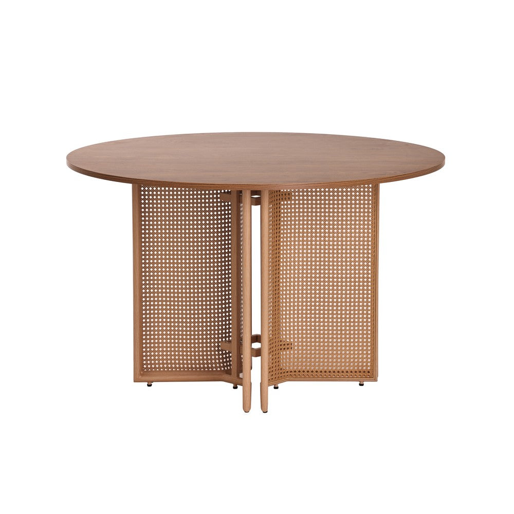 Boho Round Rattan Dining Table Set with 4 Velvet Upholstered Chairs