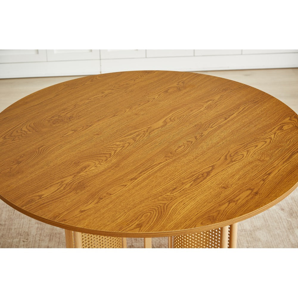 Boho Round Rattan Dining Table Set with 4 Velvet Upholstered Chairs