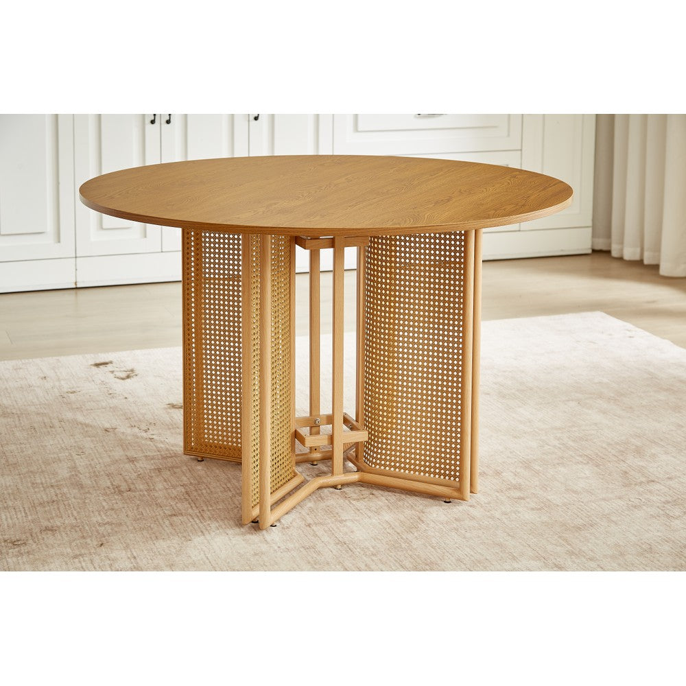 Boho Round Rattan Dining Table Set with 4 Velvet Upholstered Chairs