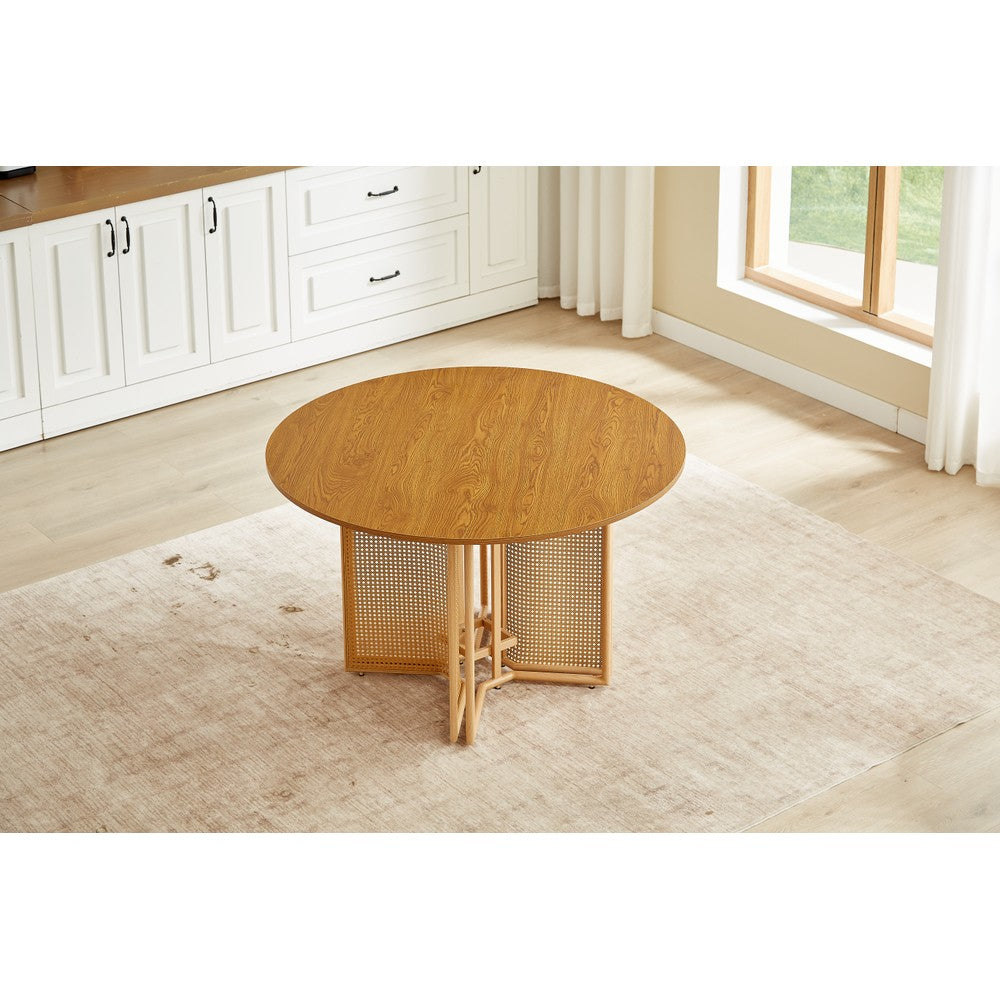 Boho Round Rattan Dining Table Set with 4 Velvet Upholstered Chairs