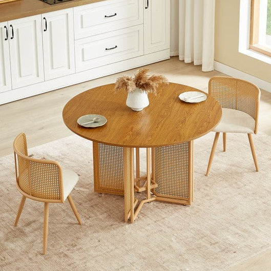 Boho Round Rattan Dining Table Set with 4 Velvet Upholstered Chairs