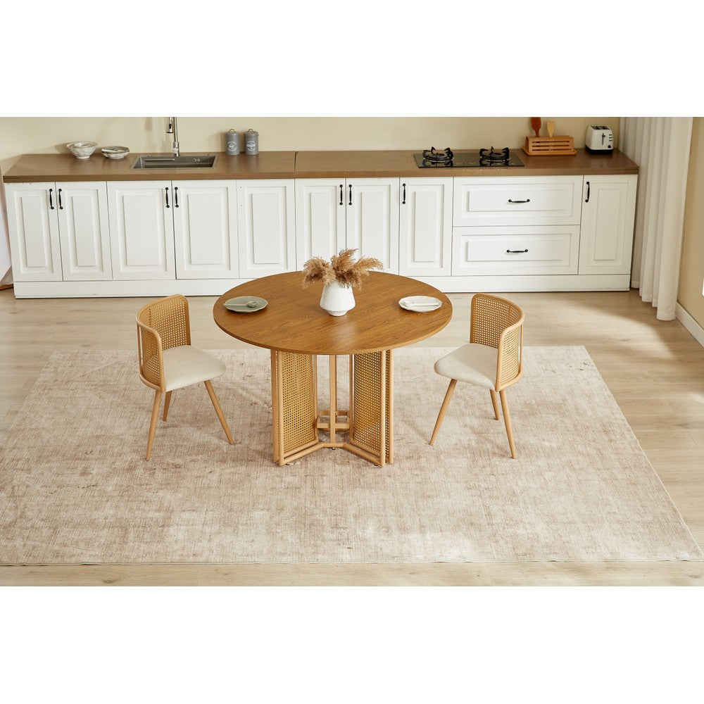 Boho Round Rattan Dining Table Set with 4 Velvet Upholstered Chairs