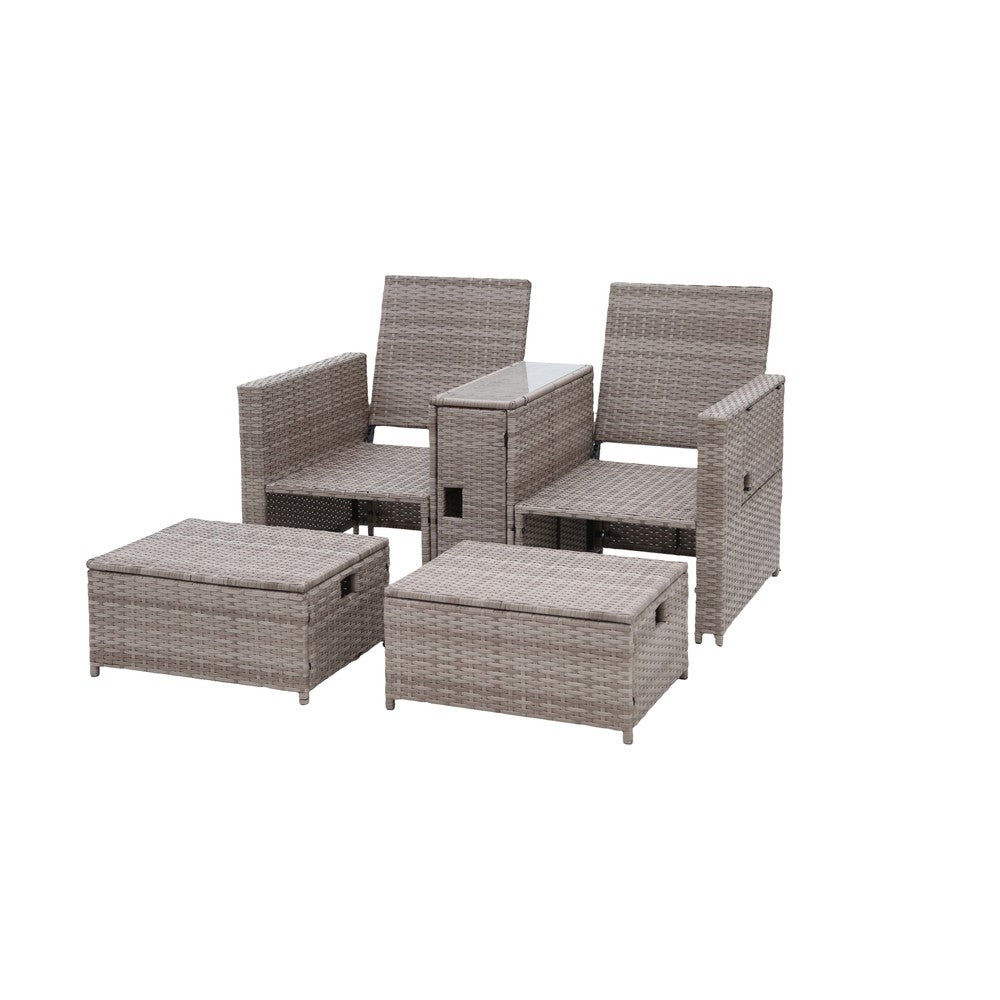 5-Piece Rattan Sofa Set Storage Daybed Set Sun Lounger with Hidden Storage Retractable Side Tray