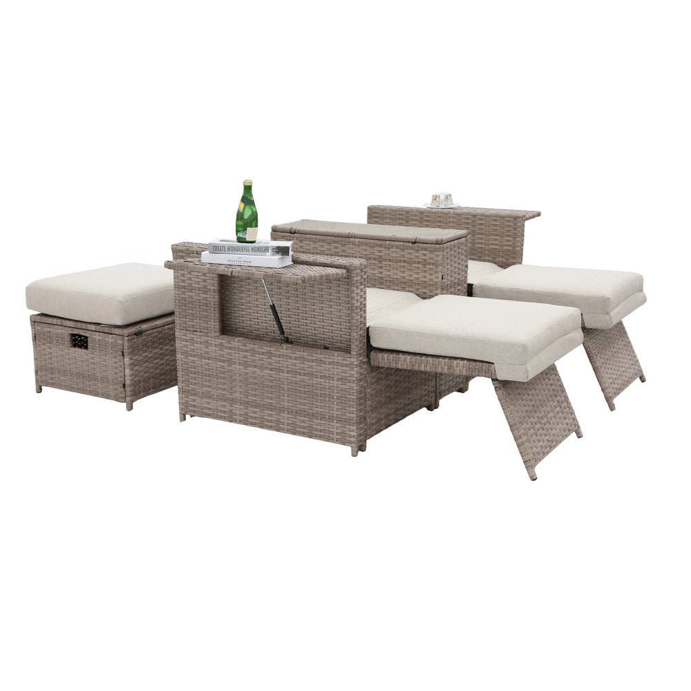 5-Piece Rattan Sofa Set Storage Daybed Set Sun Lounger with Hidden Storage Retractable Side Tray